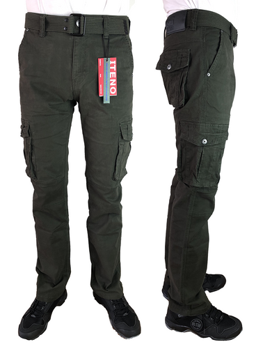 Spodnie męskie bojówki z paskiem kieszenie zielone khaki