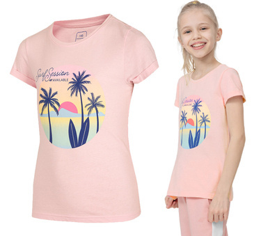 T-shirt dziewczęcy 4F JTSD008 róż bawełniany