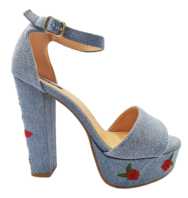 Obcasy na platformie sandały niebieskie z różami 1252-11