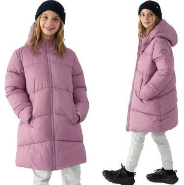 Płaszcz dziewczęcy puchowy 4F F455 kurtka przed kolano fiolet