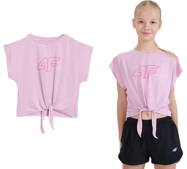 Crop top sportowy 4F F1184 koszulka wiązana z logo różowa