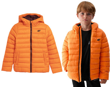 Kurtka chłopięca puchowa 4F M273 pikowana z kapturem pomarańczowa
