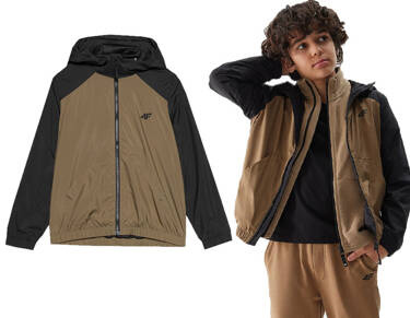 Kurtka chłopięca cienka 4F M131 wiatrówka z kapturem brąz