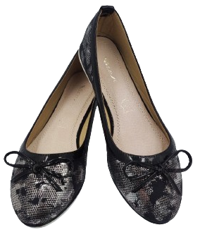 Baleriny damskie eleganckie czarno-srebrne