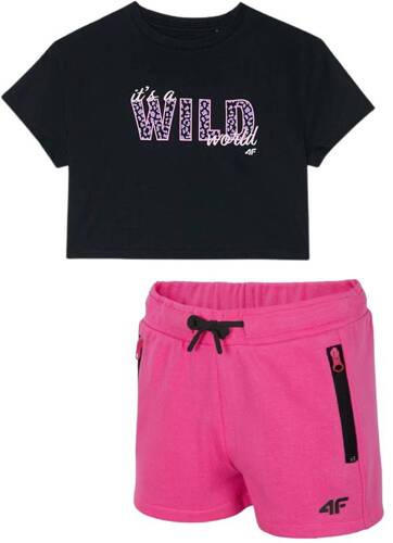 Zestaw dziewczęcy 4F czarna koszulka różowe szorty
