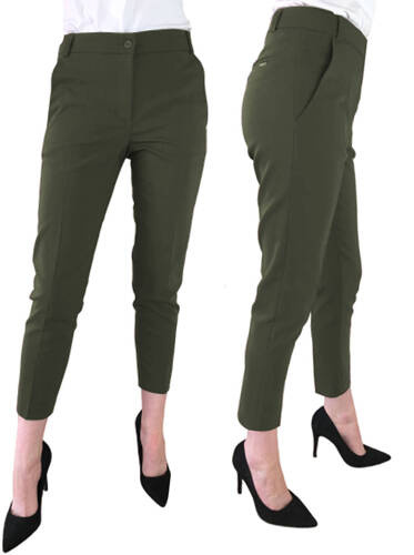 Eleganckie spodnie damskie Sigma khaki 7/8 z wysokim stanem